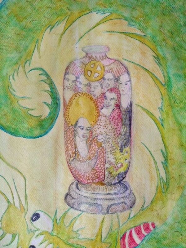 Dragon Vase. 87x67cms framed.pencil and watercolour on paper.