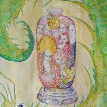 Dragon Vase. 87x67cms framed.pencil and watercolour on paper.
