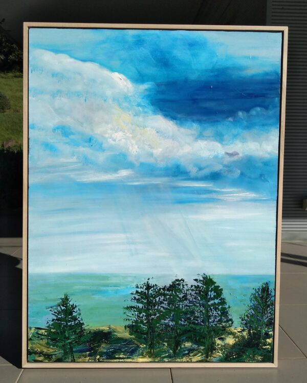 Rain Over Gerroa, oil on canvas framed in Tassie Oak.102x76cms