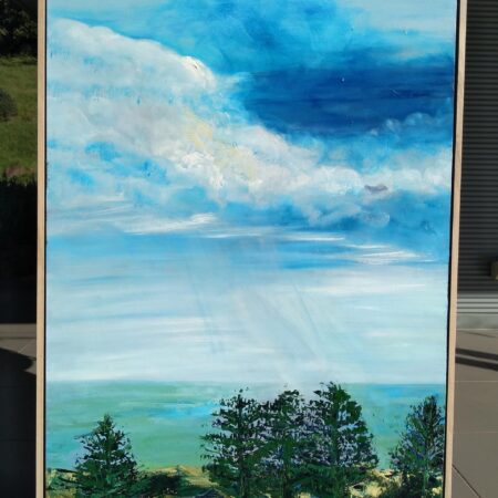 Rain Over Gerroa, oil on canvas framed in Tassie Oak.102x76cms