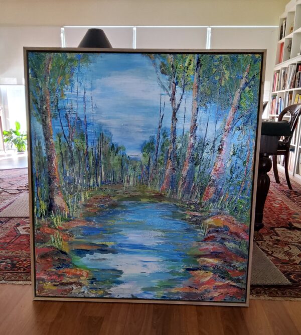 By the Creek. Framed 91x102cms.  Oil on canvas.