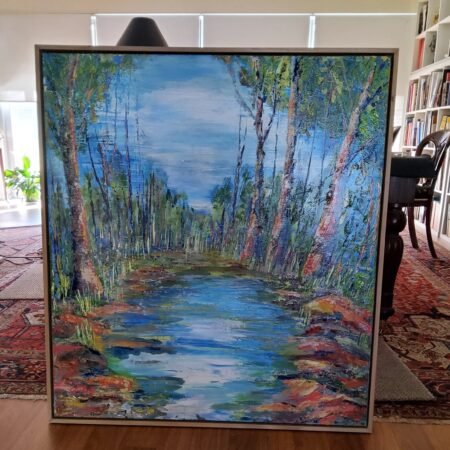 By the Creek. Framed 91x102cms.  Oil on canvas.
